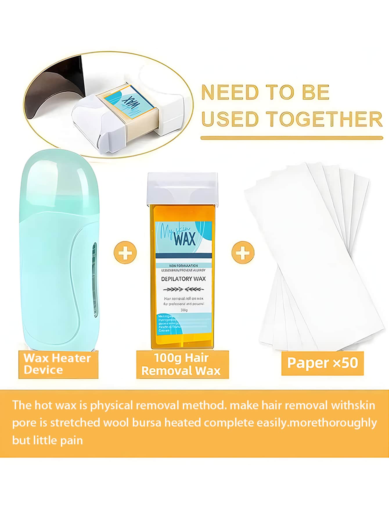 Roll On Wax, Wax Roller Kit For Hair Removal, Honey Roller Waxing Kit Include 1 Honey Soft Wax Cartridge & 50 Non-Woven Wax Strips, Portable Pink Wax Heater Machine For Women & Men, Waxing Roller Kit Depilatory Wax For Sensitive Skin