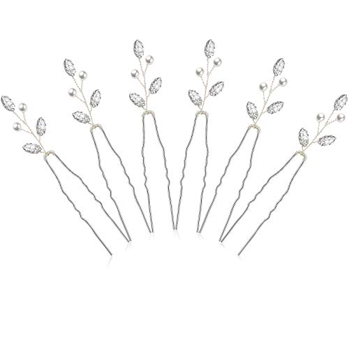 6 Pieces Pearl Crystal Bridal Hair Pins Rhinestone Flower Wedding Hair Piece Vintage Hair Accessory Party Hair Pins for Bride, Bridesmaids, Flower Girls (Silver)