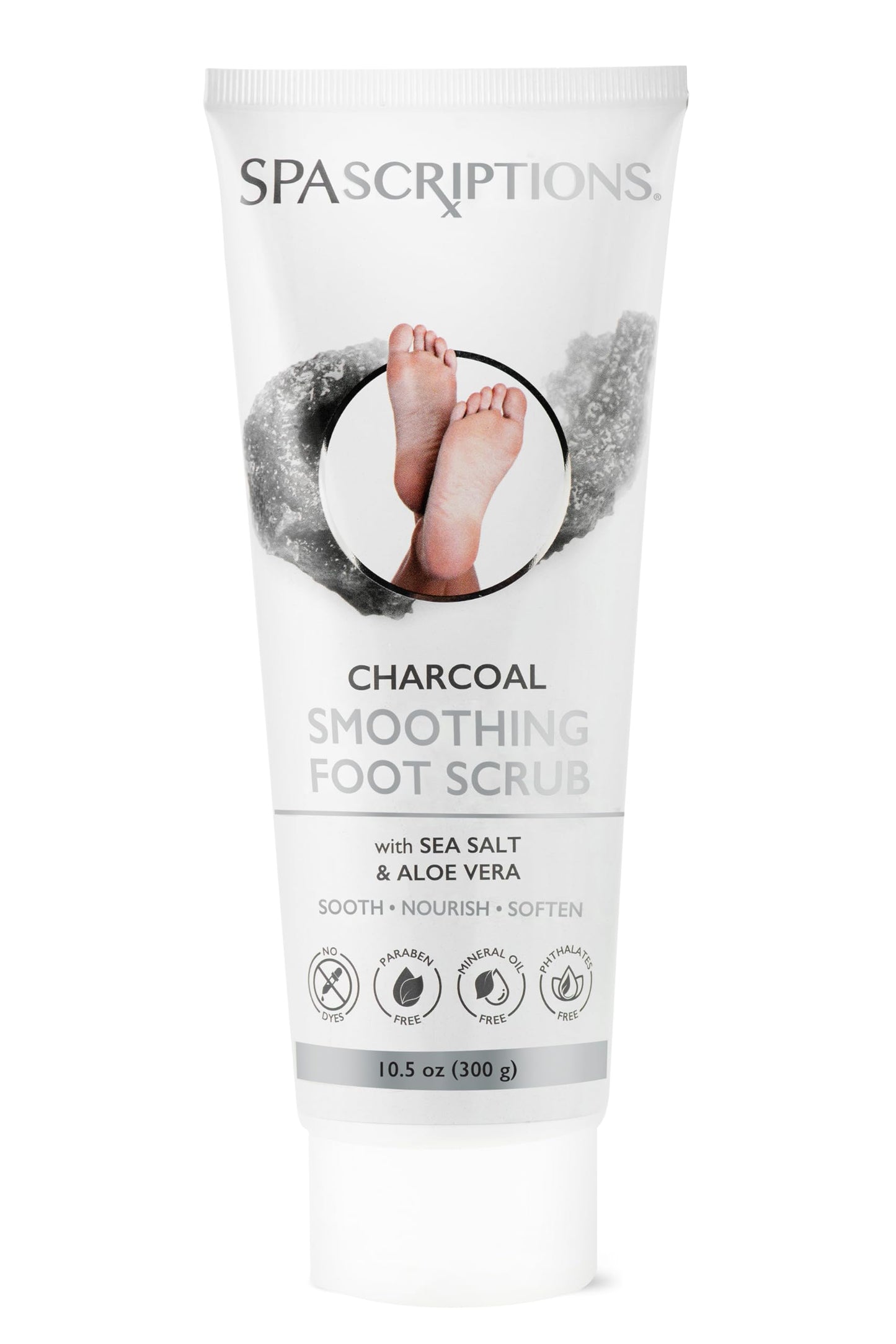 SpaScriptions Charcoal Smoothing Foot Scrub with Sea Salt & Aloe Vera, Exfoliating Wash for Dry, Cracked Feet and Heels, Dead Skin and Callus Remover for Soft and Renewed Feet, 10.5 oz