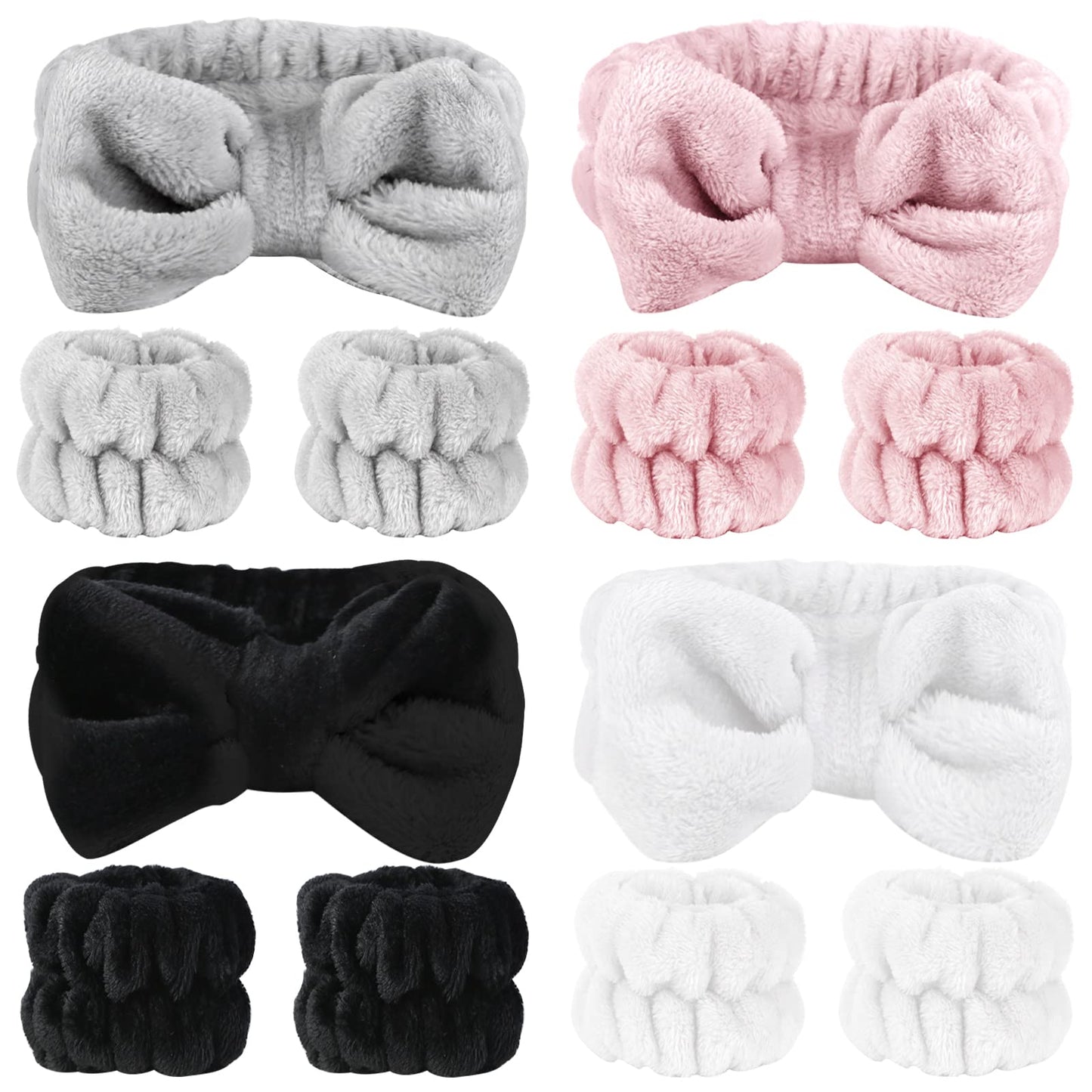 SLNZAPTY 12 PCS Face Wash Headband Wristband Set for Women Girls, Soft Microfiber Facial Spa Hair Wraps Makeup Skincare Bath Headbands Wrist Bands for Washing Face(White, Pink, Gray, Black)