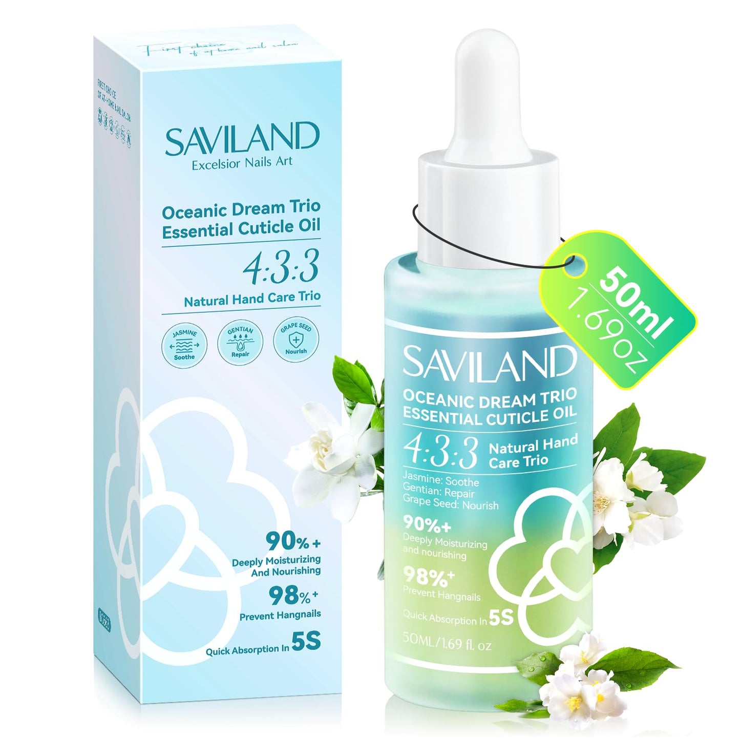 SAVILAND Cuticle Oil Triple Essential: 50ml Vitamin E & C Jasmine Gentian Grapeseed Nail Growth Oil Ultra Repair Nourish Soothe Cuticle Oil For Nails Plant-based Strengthener For Weak Nail