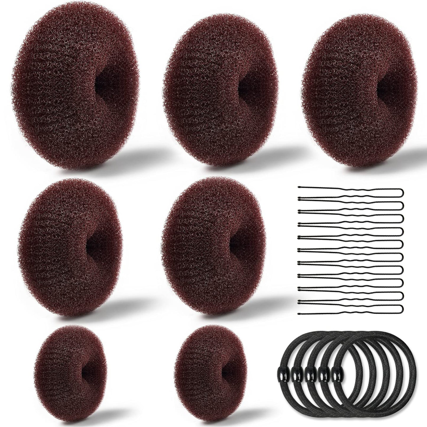 TsMADDTs Hair Bun Maker, Dount Bun Maker for Long Hair Ring Style Set with 7pcs Hair Bun Makers 5pcs Hair Elastic Bands 20pcs Hair Pins Dark Brown