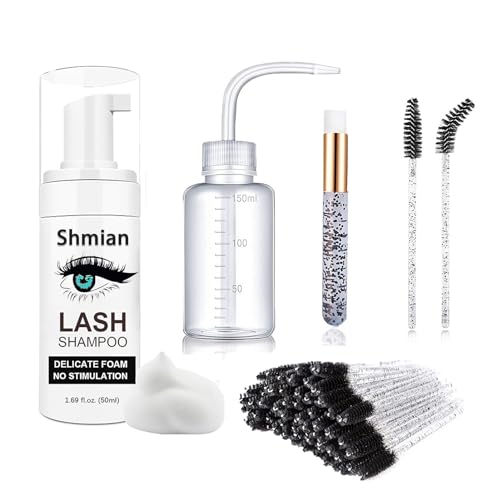 Shmian Lash Shampoo for Eyelash Extension 50ml+Brushes, Eyelash Cleaning Kit & Eyelid Foaming Cleanser-Lash Bath Kits with Wash Bottle