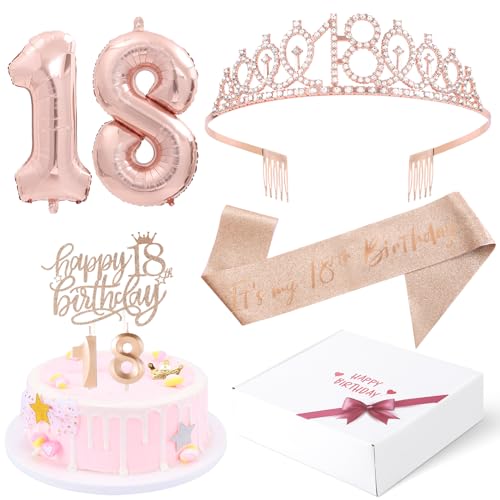 18th Birthday Decorations Gifts for Gril Including 18th Crown/Tiara, 18th Birthday Sash,18th Birthday Candles and Cake Toppers, Rose Gold 18th Balloons
