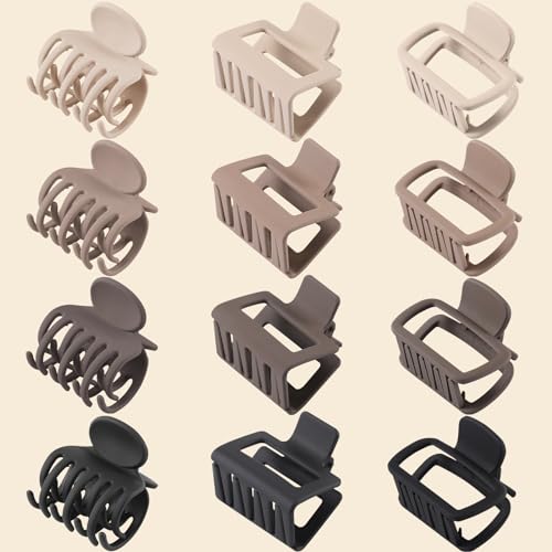 12 Pack Medium hair clips for Women,3 Assortment Size Small Matte Rubber Coating Rectangle Hair Claw Clips for Women Thin Fine Short hair,Strong Hold jaw clips