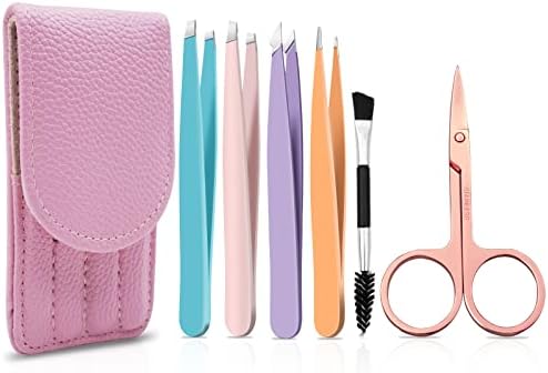 Tweezers Set-6 Pieces Professional Stainless Steel Tweezers with Leather Case