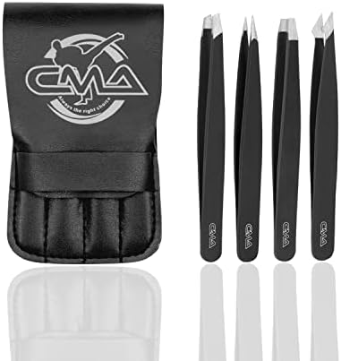 Combine Martial Arts Eyebrows Tweezers set - Stainless Steel Pack of 4 Black Tweezers Set For Women & Men, Facial Hair Removal And Ingrown Hair Removal- Includes Travel Case, 0.0353 Ounce (01)