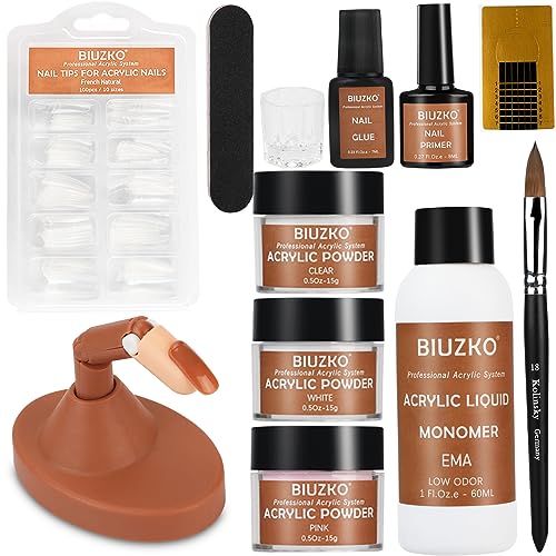 Acrylic Nail Kit For Beginners with Practice Finger, Professional Acrylic Powder And Monomer Set with Kolinsky Brush Primer Tips Glue Starter Acrylic Nail Kit for Home DIY- White, Pink, Clear