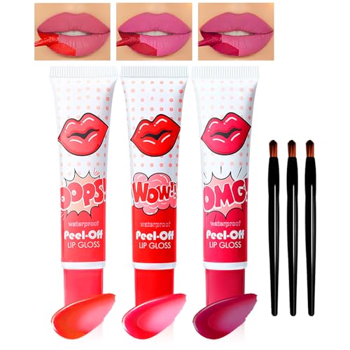 YBUETE 3 Colors Peel Off Lip Stain Lip Tint Set, Peel Reveal Lip Stain, Waterproof Tear-off Lip Gloss, Peel Off Tattoo Lipsticks, Nonstick Cup, Matte Nude, Tattoo Magic Color Lip for Women Girl