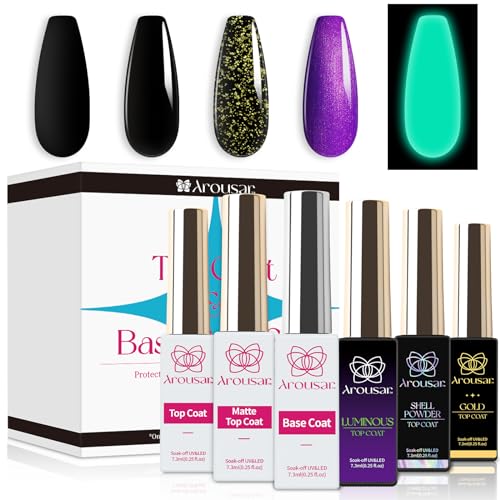 Arousar Gel Base and Top Coat Set, 6pcs Combination Base Coat Nail Polish with Matte, No Wipe, Gold Foil, Glow in the Dark and Seashell Top Coats Kit for Easy and Creative Nail Art