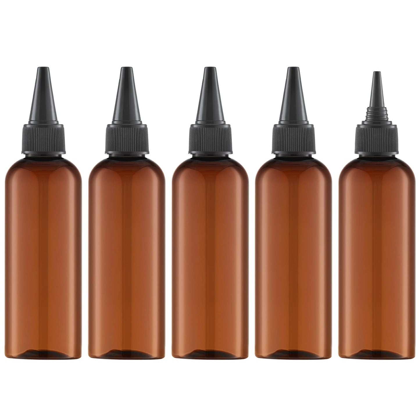 Tekson Hair Color Applicator Bottles, 5 Pack Refillable Squeeze Bottle, Empty Plastic Twist Top Cap Bottles (3.4 OZ, Amber)