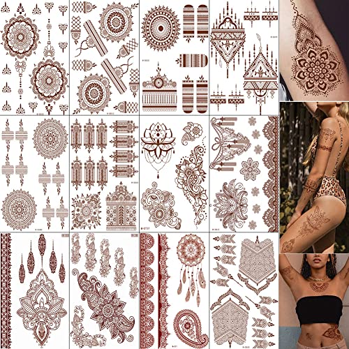 12 Sheets Brown Henna Tattoo Kit Stencil, Waterproof Henna Temporary Stickers Henna Tattoo Stickers for Body Art (Brown-12pcs)
