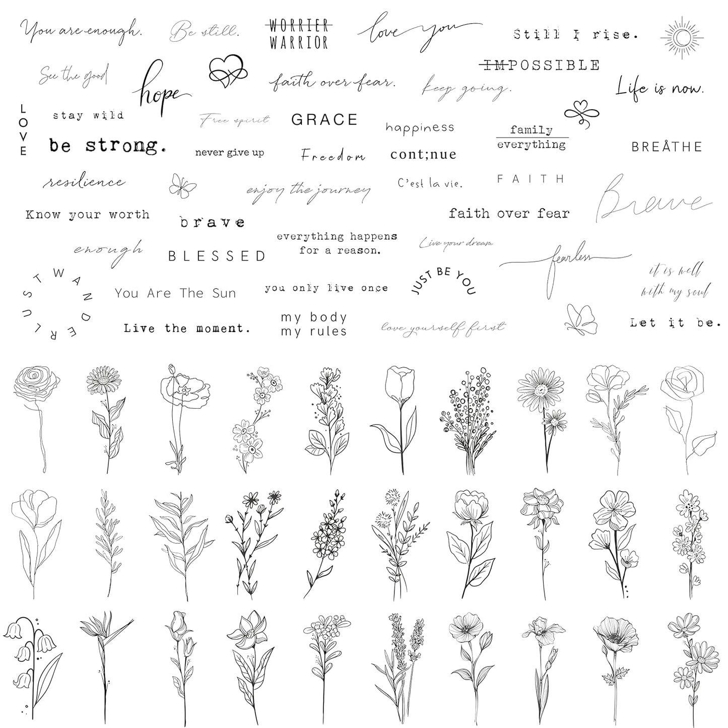 TATUWST Realistic Temporary Tattoos - 60 Sheets Tiny Small Removable Tattoos, 30 Pcs Inspirational Quotes Words Tattoos, 30 Pcs Wild Flower Ink Line Botanical Floral Leaf Tattoo Stickers for Women