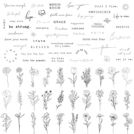 TATUWST Realistic Temporary Tattoos - 60 Sheets Tiny Small Removable Tattoos, 30 Pcs Inspirational Quotes Words Tattoos, 30 Pcs Wild Flower Ink Line Botanical Floral Leaf Tattoo Stickers for Women