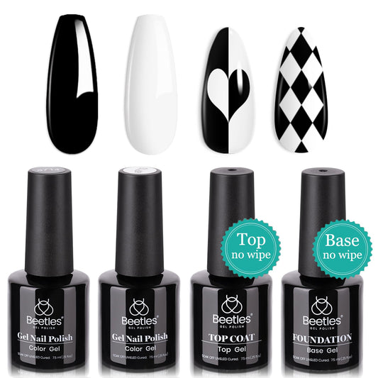 Beetles Gel Nail Polish Kit- 4Pcs 7.5ml Black Milky White Gel Nail Polish with No Wipe Top Coat and Base Coat Set Soak Off UV LED Nail Gel Manicure Gel Nail Polish Gift for Women