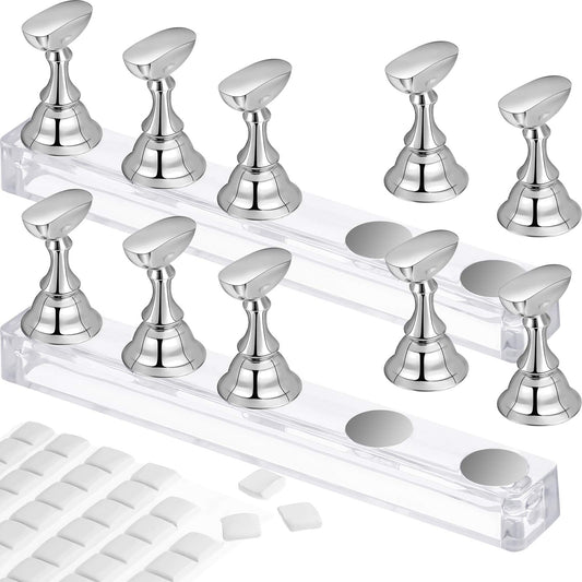 2 Set Acrylic Nail Art Practice Stands Magnetic Nail Tips Holders Training Fingernail Display Stands DIY Nail Crystal Holders and 96 Pieces White Reusable Adhesive Putty (Silver)
