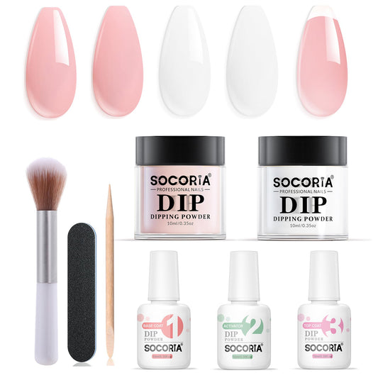 SOCORIA Dip Powder Nail Kit, 8Pcs Milky White Gentle Neutral Skin Nude Colors and Dipping Powder Liquid Set with Base Top Coat and Activator for French Nail Art Manicure DIY Salon