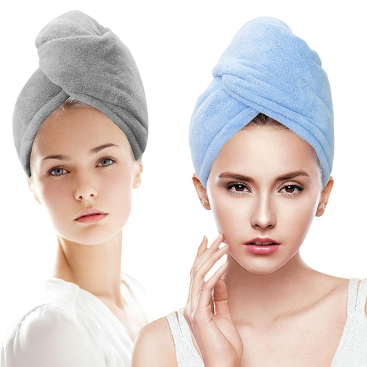 SURPRISE PIE Microfiber Hair Towel Wrap for Women,2Pack Turbie Twist Hair Towels with Button,Super Absorbent Hair Turbans for Wet Hair, Long,Curly Hair,Fast Hair Drying Towel (Blue and Grey)