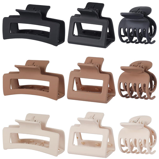 CHANDAT 3 Style Hair Claw Clips 9 pcs Medium Claw Clips Hair Clips for Women Rectangle Claw Clips for Thick Hair Square Hair Clips for Thin Hair Accessories for Women - Brown
