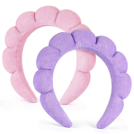 DiyJibb Spa Headbands for Women Ladies- Puffy Makeup Headband Combo Pack- Set of 2 Terry Towel Cloth Fabric Hair Bands for Washing Face(Pink+Purple)