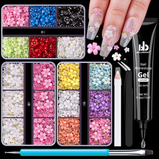 3D Flowers, Manicure Kit with Nail Rhinestone Glue Gel, Colorful Acrylic Flower Nail Charms with Caviar Beads, Rhinestones for Nails & Gem Glue for Nails (UV/LED Needed) with Dotting & Pickup Tools
