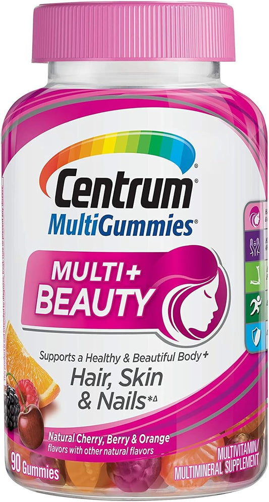 Centrum MultiGummies + Beauty Gummy Multivitamin For Women, Hair Skin And Nails Vitamins With Antioxidants And Vitamins D3 And B , Cherry/Berry/Orange Flavors - 90 Count