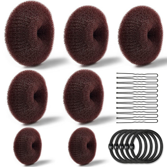 TsMADDTs Hair Bun Maker, Dount Bun Maker for Long Hair Ring Style Set with 7pcs Hair Bun Makers 5pcs Hair Elastic Bands 20pcs Hair Pins Dark Brown